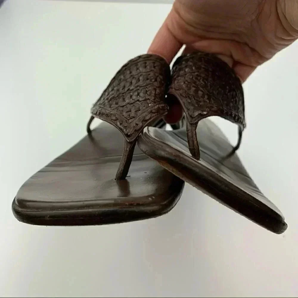 Cole Haan sandals size 6.5 brown leather woven flip flops square toe vintage 90s